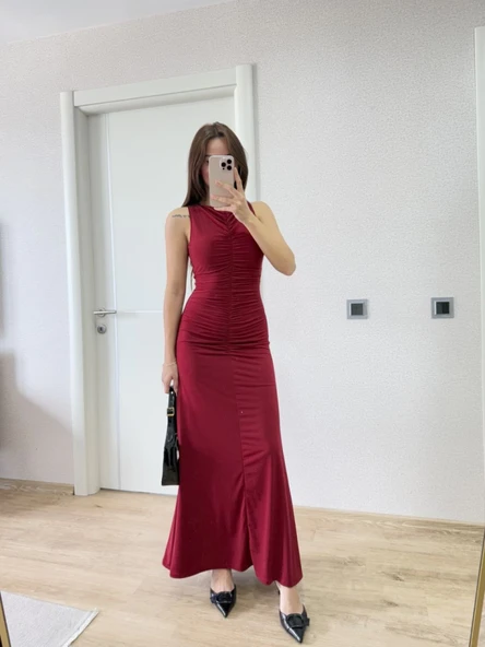 Kolsuz Büzgülü Uzun Elbise - Kırmızı - Resim 4