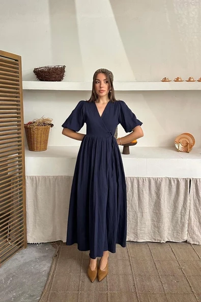 Lacivert Müslin Uzun Elbise - Resim 2