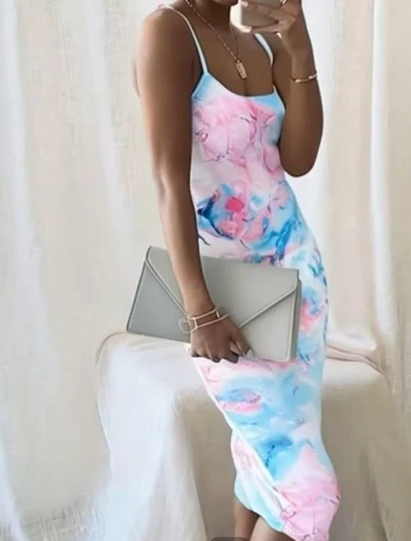 Kadın Omuz Askılı Dijital Baskılı Midi Boy Elbise - Resim 2