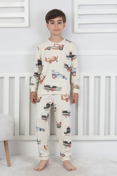 Racing Car And Aeroplane Desenli Erkek Çocuk Pijama Takımı - Resim 6