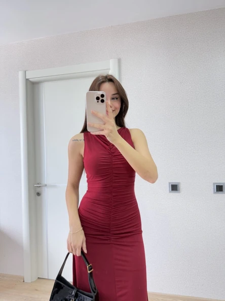 Kolsuz Büzgülü Uzun Elbise - Kırmızı - Resim 3