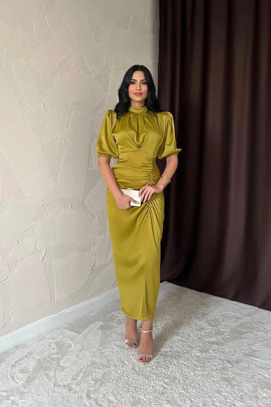 Yağ Yeşili Büzgülü Saten Elbise - Resim 2