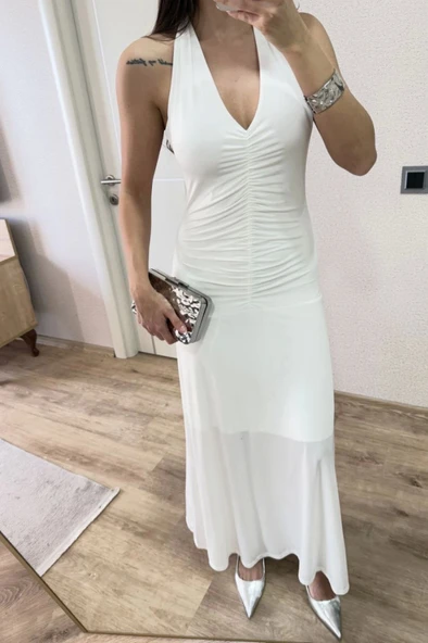 Sırt Dekolteli Uzun Kollu Elbise - Beyaz - Resim 3