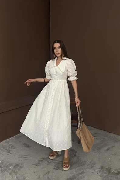 Bej Bebe Yaka Balon Kollu Brode Elbise ürün görseli