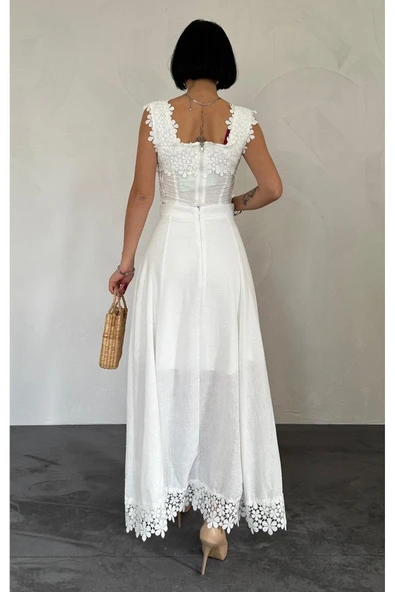 Beyaz Güpürlü Crop Ve Etek Takım - Resim 3