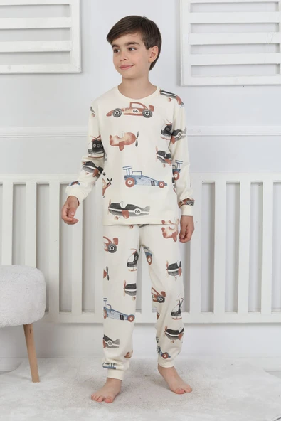 Racing Car And Aeroplane Desenli Erkek Çocuk Pijama Takımı - Resim 2