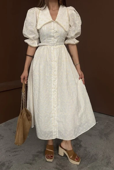 Bej Bebe Yaka Balon Kollu Brode Elbise - Resim 3