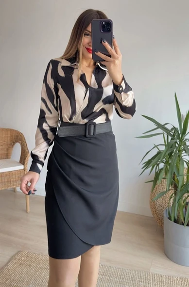 Kadın Uzun Kollu Yakalı üst Dalgıç Eteği Krep Kemerli Elbise - Resim 13