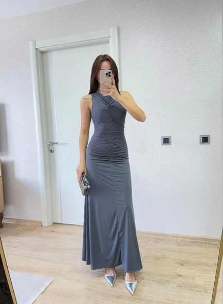 Kolsuz Büzgülü Uzun Elbise - Füme - Resim 3