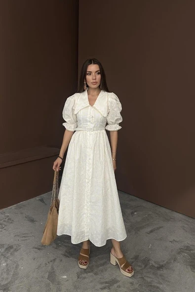 Bej Bebe Yaka Balon Kollu Brode Elbise - Resim 2