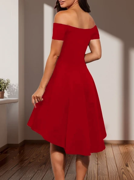 Kadın Kısa Kollu Madonna Yaka önü Kısa Arkası Uzun Ithal Krep Elbise - Resim 3