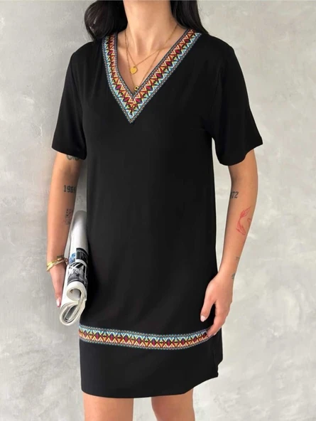 Kadın Kısa Kollu V Yakalı Etnik Desen şerit Detaylı Viskon Elbise - Resim 11