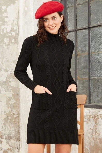 Loren Yünlü Motifli Midi Boy Triko Elbise - Resim 6