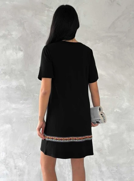 Kadın Kısa Kollu V Yakalı Etnik Desen şerit Detaylı Viskon Elbise - Resim 8