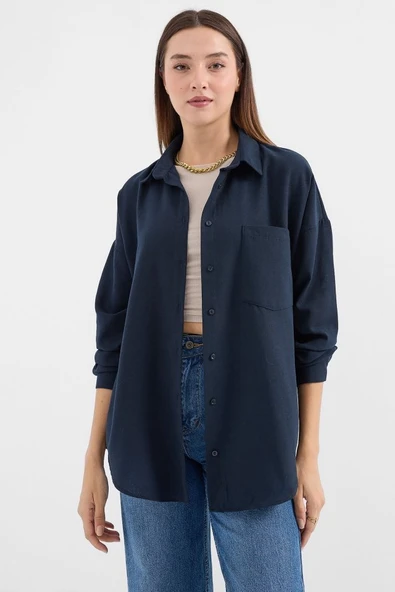 20153 Tek Cepli Oversize Keten Gömlek - Lacivert ürün görseli