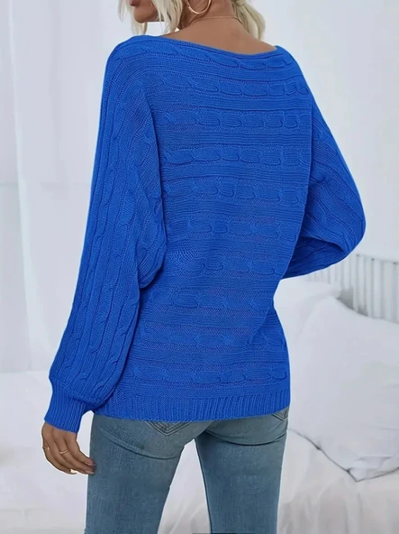 Kadın Uzun Kollu Yakası Açık Saç örgü Desenli Triko Bluz - Resim 4