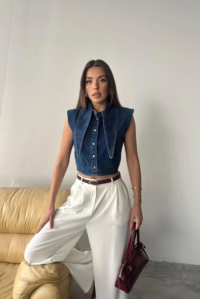 Mavi Yaka Detaylı Denim Crop - 3