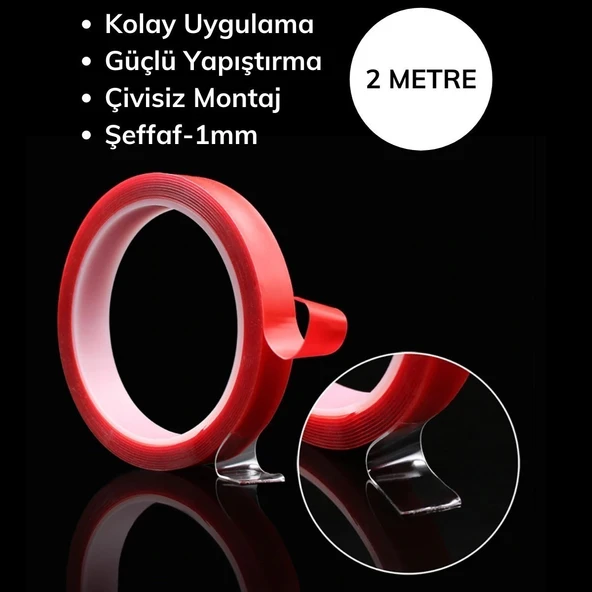 BUFFER® 2 Metre Şeffaf Ekstra Güçlü Banyo Mutfak Posta Ofis Çift Taraflı Akrilik Silikon VHB Bant - Resim 4