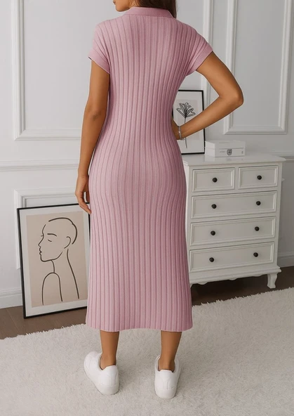 Kadın Kısa Kollu Yakalı Yandan Yırtmaçlı Kalın Fitilli Kaşkorse Elbise - Resim 3