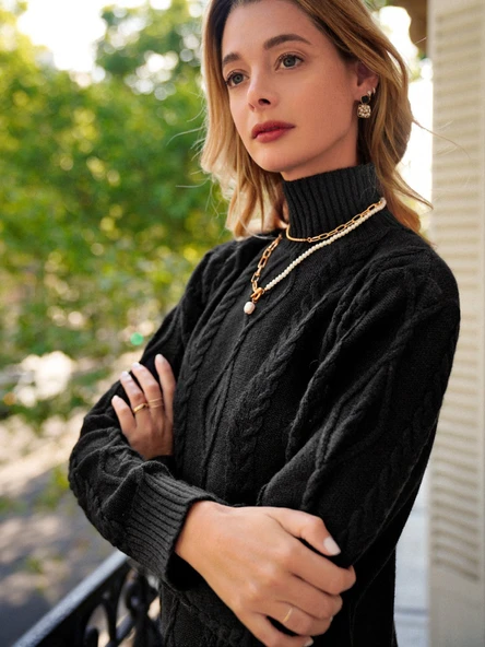 Loren Yünlü Motifli Midi Boy Triko Elbise - Resim 10