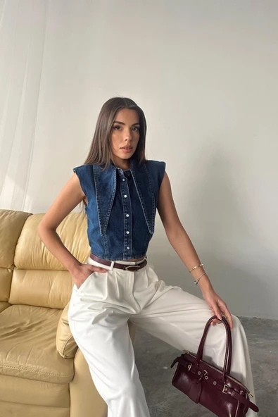 Mavi Yaka Detaylı Denim Crop - 4