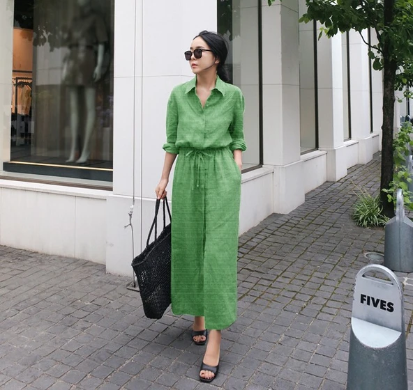 Uzun Kollu Keten Beli Bağcıklı Elbise ürün görseli 1