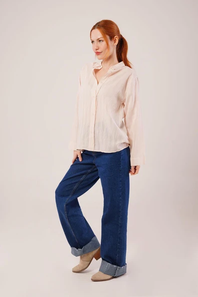 Düğmeli Ve Çizgi Detaylı Krem Gömlek - Resim 6