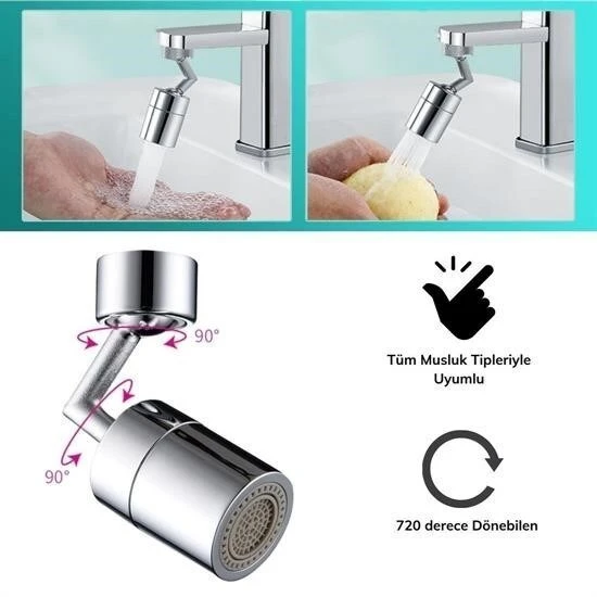 BUFFER®  720 Derece Dönebilen 4 Filtreli Tüm Musluk Tipleri İle Uyumlu Montaj Aparatlı Musluk Başlık - Resim 5