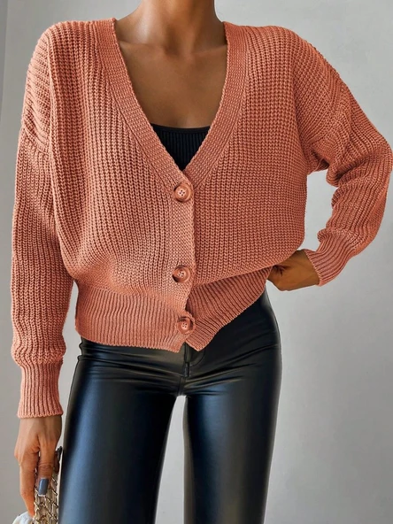 Kadın Uzun Kollu Düğme Detay Triko Bluz - Resim 11