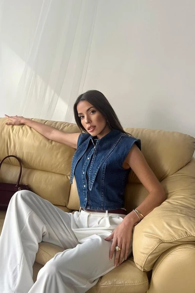 Mavi Yaka Detaylı Denim Crop - 2