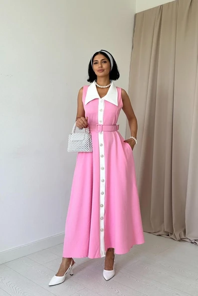 Pembe Geniş Yakalı Halter Kollu Elbise ürün görseli