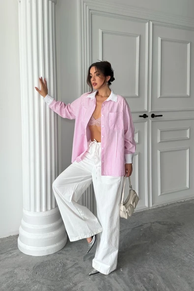 YAKA VE MANŞET BEYAZBOYFRİEND ÇİZGİLİPOPLİN GÖMLEK - Pembe ürün görseli