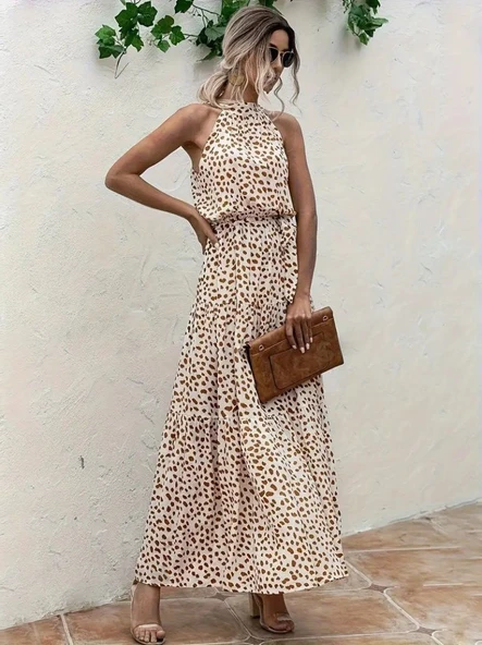 Kadın Daire Yakalı Beli Lastikli Desenli Süprem Elbise - Resim 11