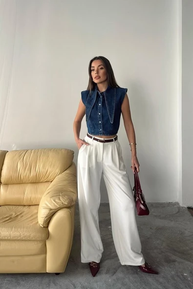 Mavi Yaka Detaylı Denim Crop - Resim 5