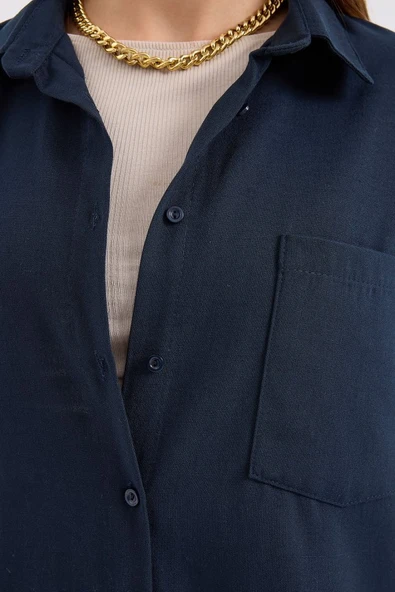 20153 Tek Cepli Oversize Keten Gömlek - Lacivert - Resim 4