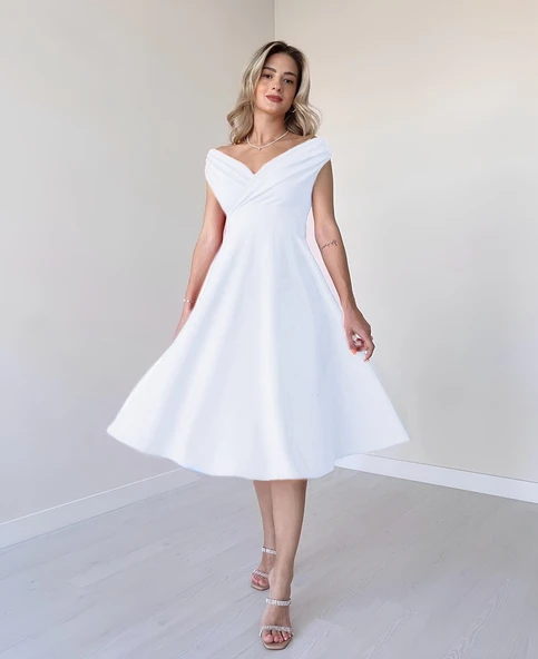 Kadın Kısa Kollu Kruvaze Yaka Eteği Volanlı Krep Elbise - Resim 3