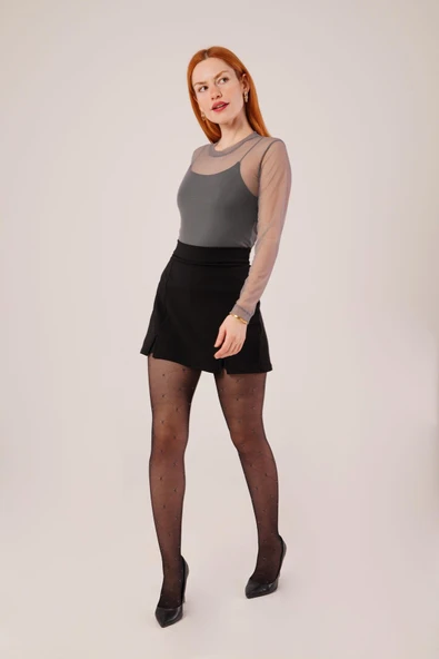 Yırtmaç Detaylı Siyah Mini Etek - Resim 3