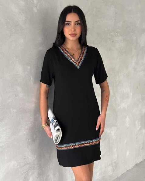 Kadın Kısa Kollu V Yakalı Etnik Desen şerit Detaylı Viskon Elbise - Resim 9