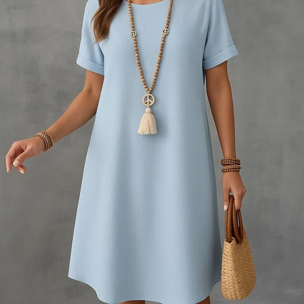 Kadın Kısa Kollu Kayık Yaka Bürümcük Elbise - Resim 7