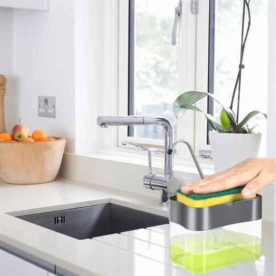 BUFFER® İkisi Bir Arada  Basmalı Pratik Sıvı Sabunluk Pompası ve Bulaşık Yıkama Süngeri Haznesi - Resim 4