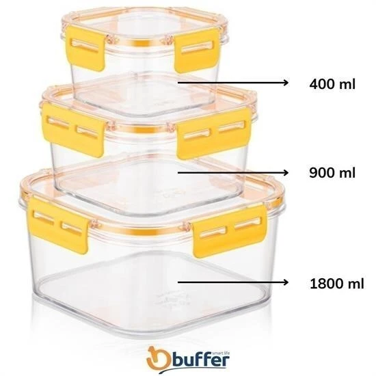 BUFFER® 3'lü Pratik Silikon Contalı Sızdırmaz Kapaklı Sağlam İstiflenebilir Saklama Kapları - 3