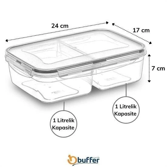 BUFFER® 2 Bölmeli 1+1 Litre Kilitli Kapaklı Erzak Saklama Kabı LC-525 - 2