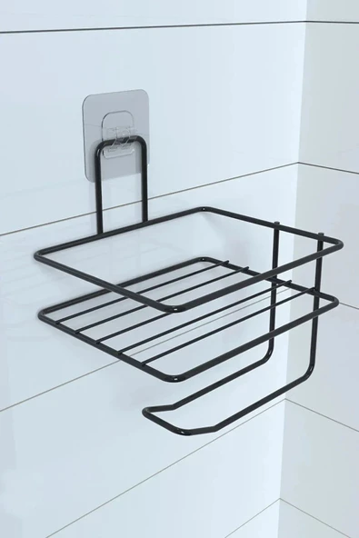 BUFFER® Kendiliğinden Yapışkanlı Tuvalet Kağıdı Tutacağı ve Yedek Raf - Siyah Modern Metal Tasarım - Resim 7