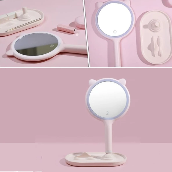 BUFFER® Kedi Kulaklı Telefon Standlı Yuvarlak Dokunmatik Led Ayarlı Masa Üstü Makyaj Aynası - Resim 5