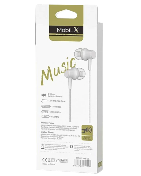 MobiLX ME-03 Beyaz Kablolu Kulak İçi Kulaklık – Aux Girişli, Extra Bass, Tüm Telefon ve Cihazlarla Uyumlu - 3