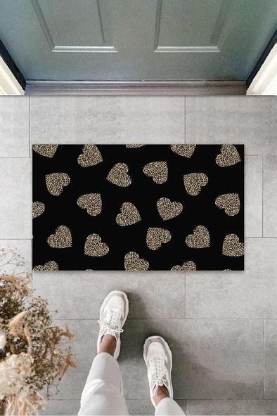 Siyah Kapı Önü Paspası Leopar Kalp Desen  K-3246 ürün görseli