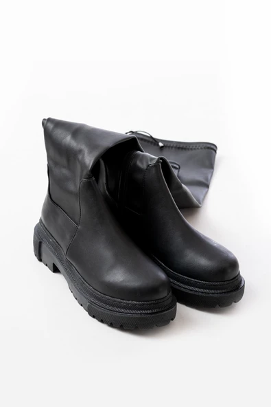 812-2194 Siyah Fermuarlı Diz Üstü Bağcıklı Çorap Günlük Kadın Çizme - Resim 5