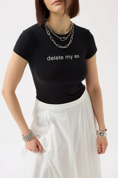 Baskılı Likralı Crop T-Shirt - Resim 4