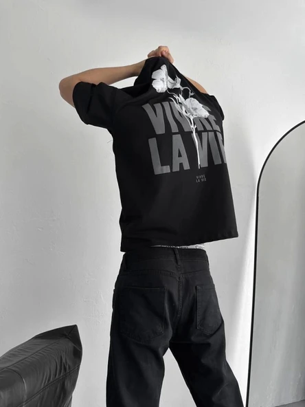 Baskılı Oversize Bisiklet Yaka T-shirt - Siyah ürün görseli