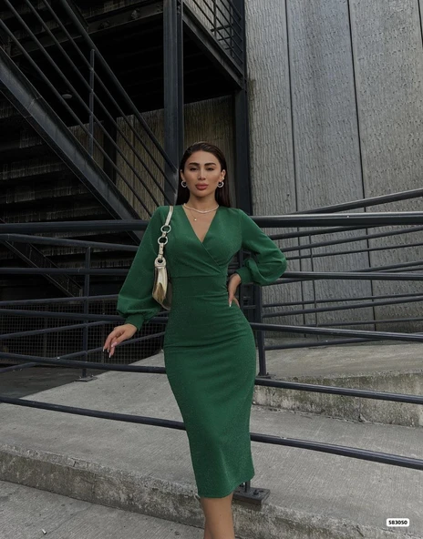 Kadın Kruvaze Yaka Balon Kol Simli Krep Kumaş Midi Boy Elbise - Resim 3